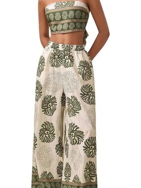 Women's Cream & Olive Wide-Leg Print Pant Set- XS